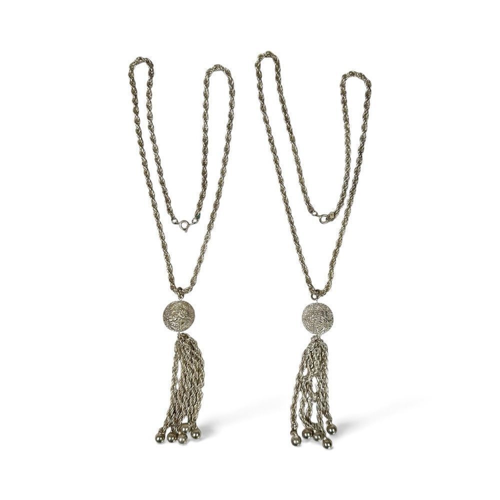 Lot Of 2 Vintage Silver Tone Tassel Ball Pendant Long Rope Chain Necklace 11$